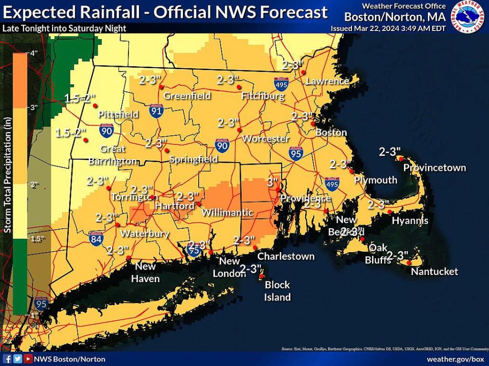 Expected rainfall totals around the region through Saturday night.