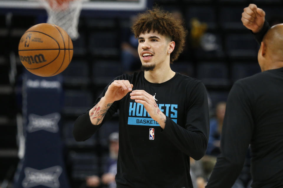 Nov 4, 2022; Memphis, Tennessee, USA; Charlotte Hornets guard LaMelo Ball (1) catches a pass during warm ups prior to the game against the Memphis Grizzlies at FedExForum. Mandatory Credit: Petre Thomas-USA TODAY Sports