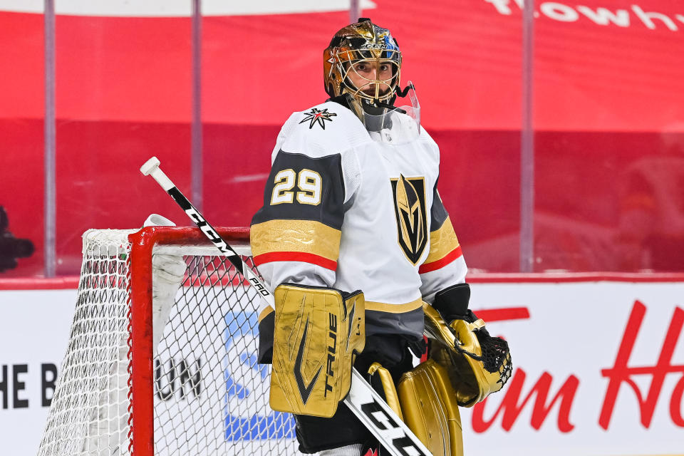 MONTREAL, QC - JUNE 24: Look on Las Vegas Golden Knights goalie Marc-Andre Fleury (29) at warm-up before the NHL Stanley Cup Playoffs Semifinals game 6 between the Las Vegas Golden Knights versus the Montreal Canadiens on June 24, 2021, at Bell Centre in Montreal, QC (Photo by David Kirouac/Icon Sportswire via Getty Images)