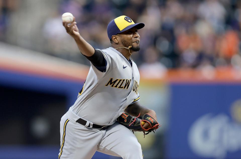 Julio Teheran of the Milwaukee Brewers pitches during the first inning against the New York Mets at Citi Field.