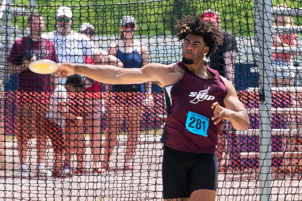 Shippensburg's Anthony Smith competes in the 3A discus throw at the PIAA District 3 Track and Field Championships on Saturday, May 21, 2022, at Shippensburg University. Smith, a senior, won the gold medal with a throw of 164-7.