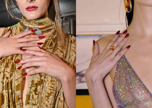 <p>KISS / Chillhouse / Getty Images</p> Left, KISS nails at Prabal Gurung; Right, Chillhouse nails at Bronx and Banco.