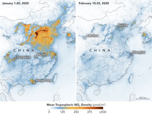 中國在封城前以及封城後，二氧化氮含量差很大。（圖／翻攝自NASA）