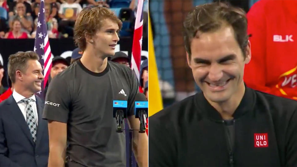 Zverev’s Hopman Cup runners-up speech had Federer in stitches. Pic: Ch9