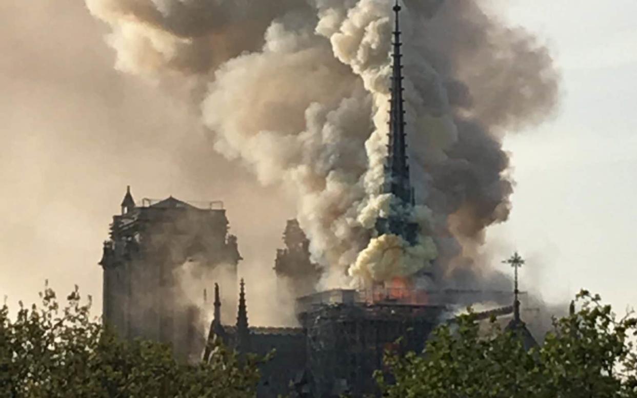 A fire at Notre Dame, Paris, April 15, 2019. - @ecoursin/Twitter