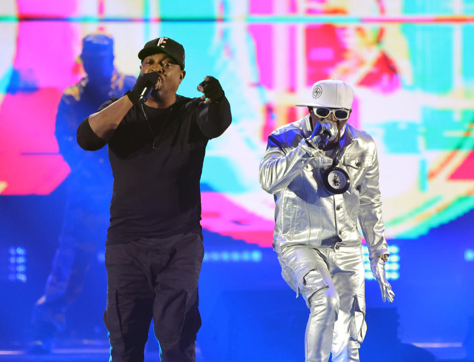LAS VEGAS, NEVADA - SEPTEMBER 23: Chuck D (L) and Flavor Flav of Public Enemy perform onstage during the 2023 iHeartRadio Music Festival at T-Mobile Arena on September 23, 2023 in Las Vegas, Nevada. (Photo by Ethan Miller/Getty Images)