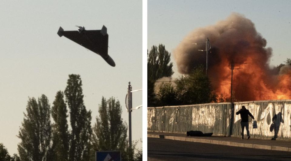 A composite image showing a drone in the sky and the aftermath of its strike on Kyiv on October 17, 2022.