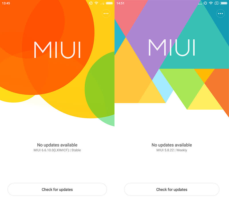 The Global Stable ROM on the left, starting with the number ‘6’ for ‘MIUI 6.’ The Global Beta ROM on the right, starting with the number ‘5’ for the year ‘2015’.