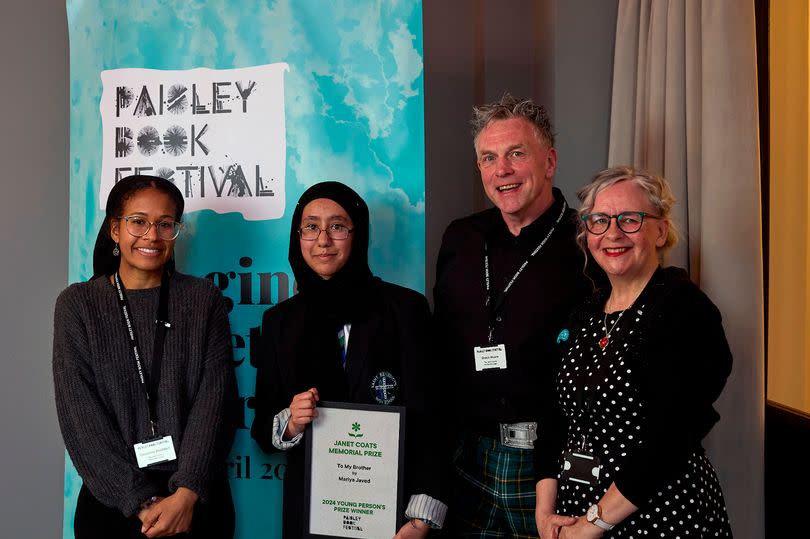 Mariya Javed - winner of the Under-18s category in the Janet Coats Memorial Prize with judges Mairi Murphy, Shaun Moore and Courtney Stoddart