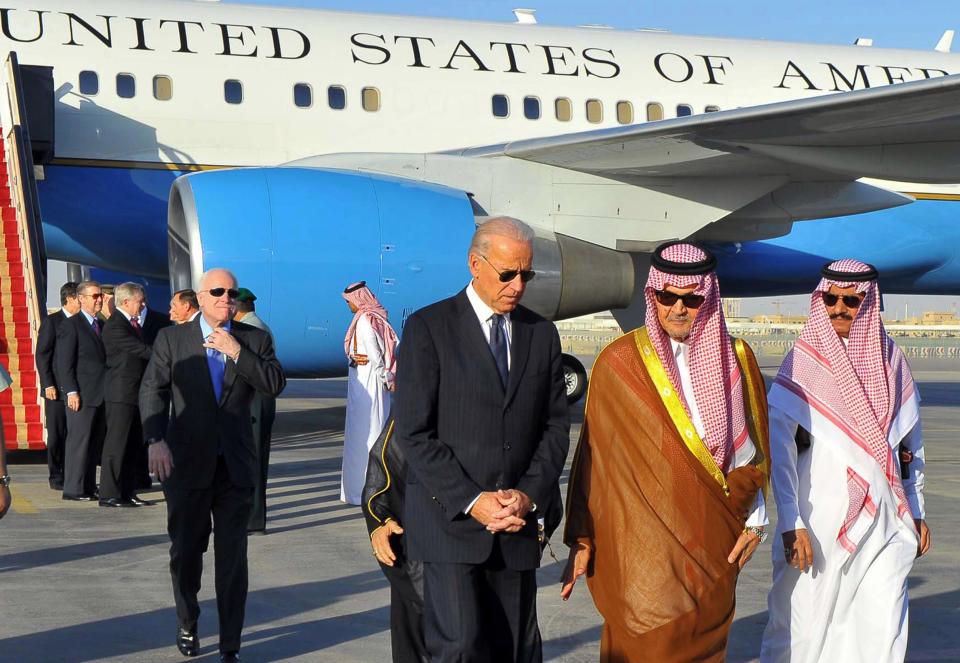 Image: Saudi Foreign Minister Prince Saud al-Faisal welcomes the then U.S. Vice President Joe Biden at the Riyadh airbase in October 2011. (AFP via Getty Images file)