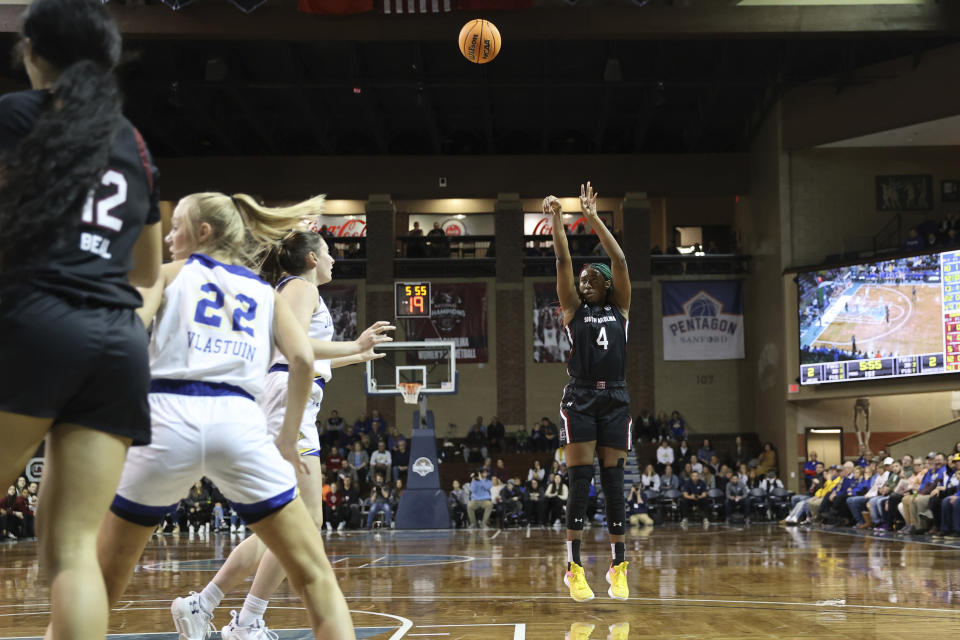 South Carolina F Aliyah Bost (4) shoots during the first half of an NCAA college basketball game against South Dakota State in Sioux Fall, S.D. on Thursday, Dec. 15, 2022. (AP Photo/Josh Jurgens)