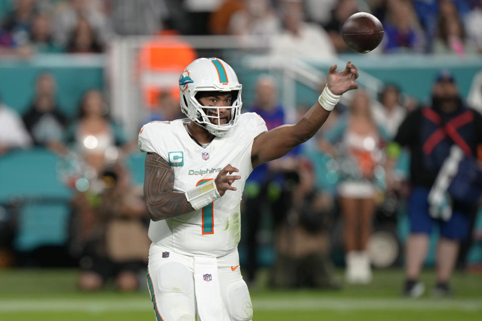 Miami Dolphins quarterback Tua Tagovailoa (1) throws a pass during the second half of an NFL football game against the Buffalo Bills, Sunday, Jan. 7, 2024, in Miami Gardens, Fla. (AP Photo/Wilfredo Lee)