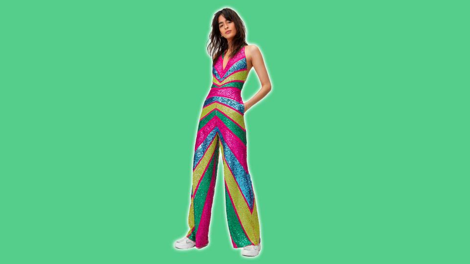 This sequin wide leg jumpsuit from Nasty Gal is a colorful statement that you might see in Harry's House.