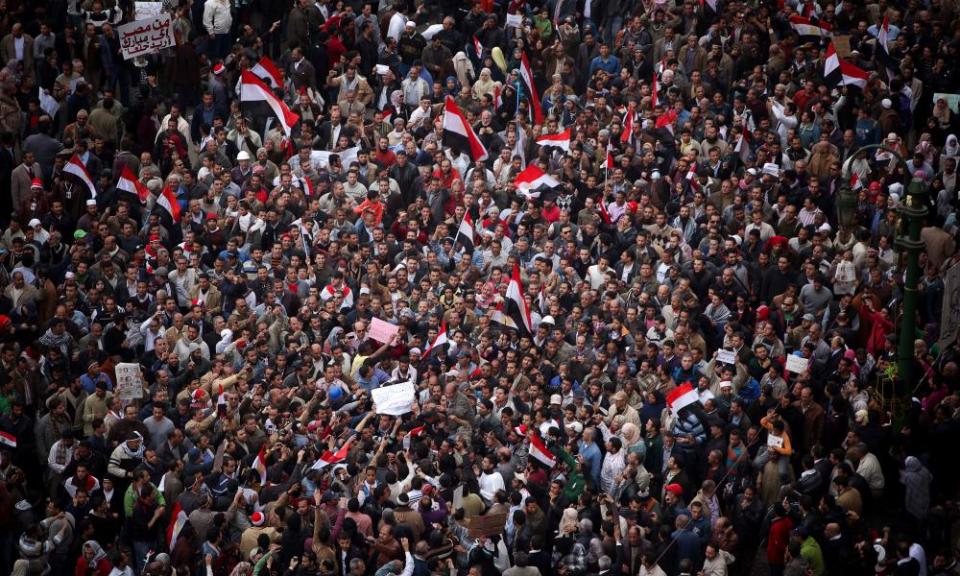 Demonstrators in Tahrir Square, February 2011. Critics say siting antiquities there will erase its recent history as a focal point for protests.