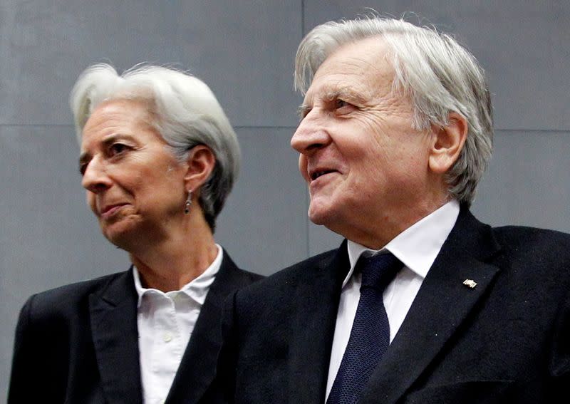 FILE PHOTO: France's Finance Minister Lagarde and ECB President Trichet arrive at a meeting on the European Stability Mechanism in Luxembourg