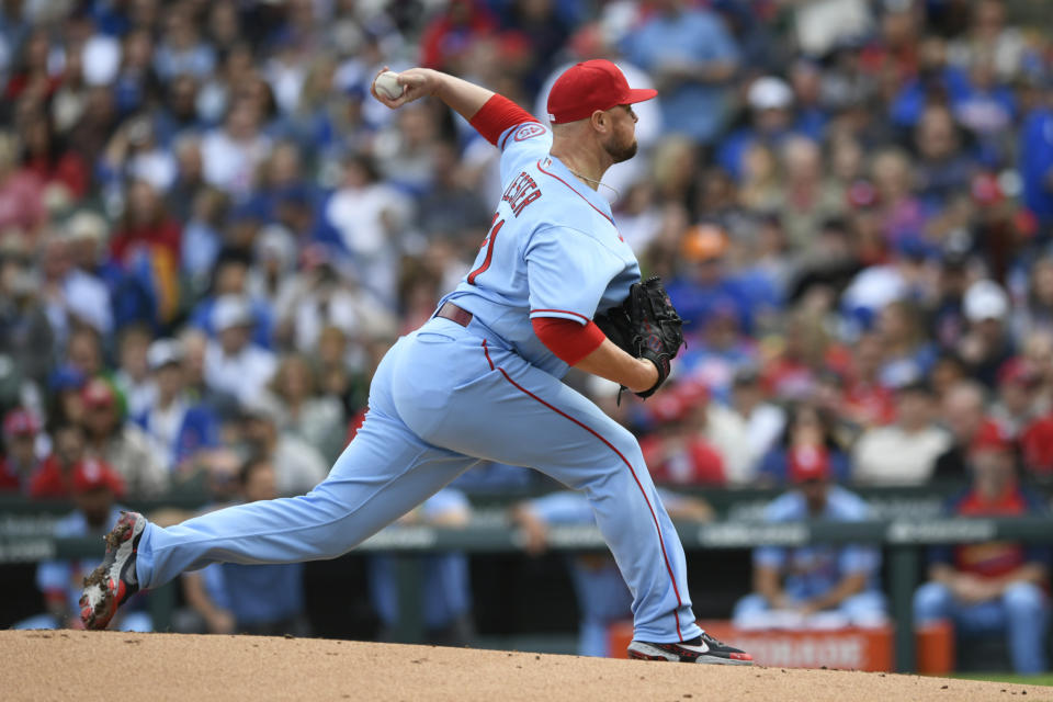 St. Louis Cardinals starter Jon Lester delivers a pitch during the first inning of a baseball game against the Chicago Cubs Saturday, Sept. 25, 2021, in Chicago. (AP Photo/Paul Beaty)
