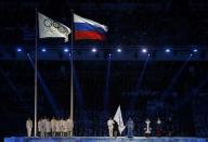 Participants stand after the Olympic flag (L) was raised during the opening ceremony of the 2014 Sochi Winter Olympics, February 7, 2014. REUTERS/Phil Noble