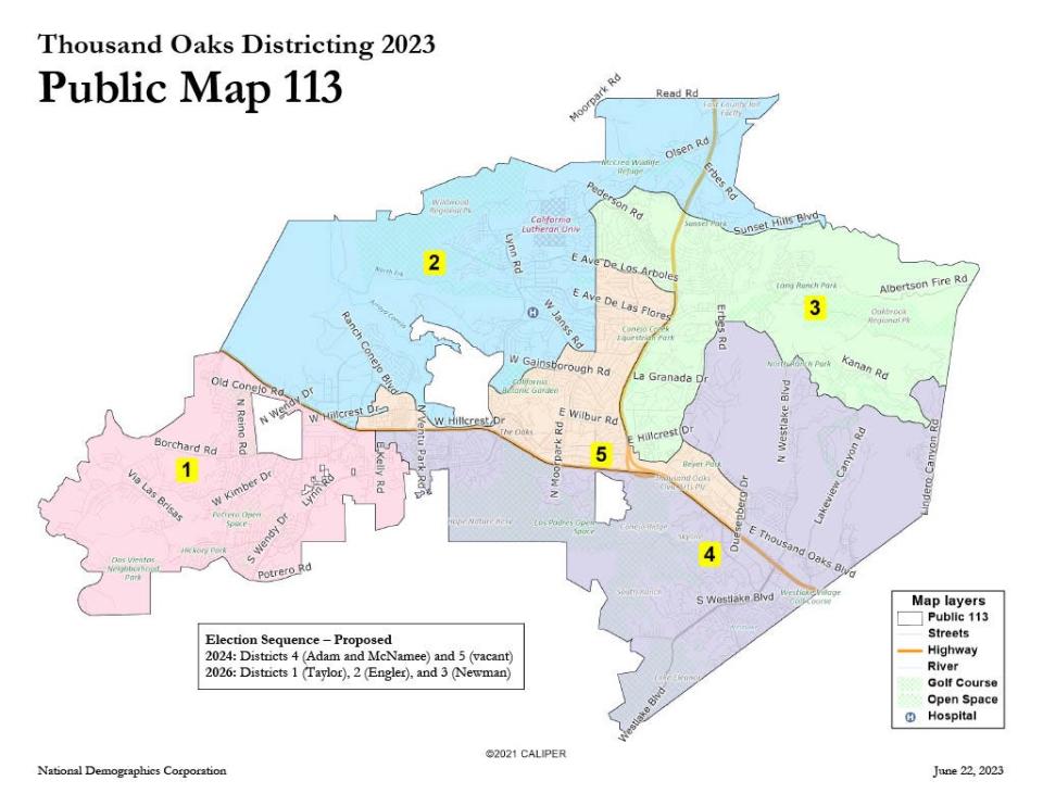 This district map was preferred by more than 100 people in Thousand Oaks who spoke or wrote to the City Council, but the council rejected it in favor of Map 106B.