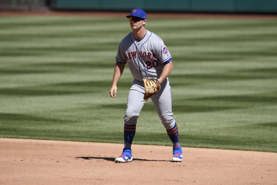 New York Mets' first baseman Pete Alonso stands on the field during a baseball game against the Washington Nationals, Thursday, March 28, 2019, in Washington. (AP Photo/Nick Wass)
