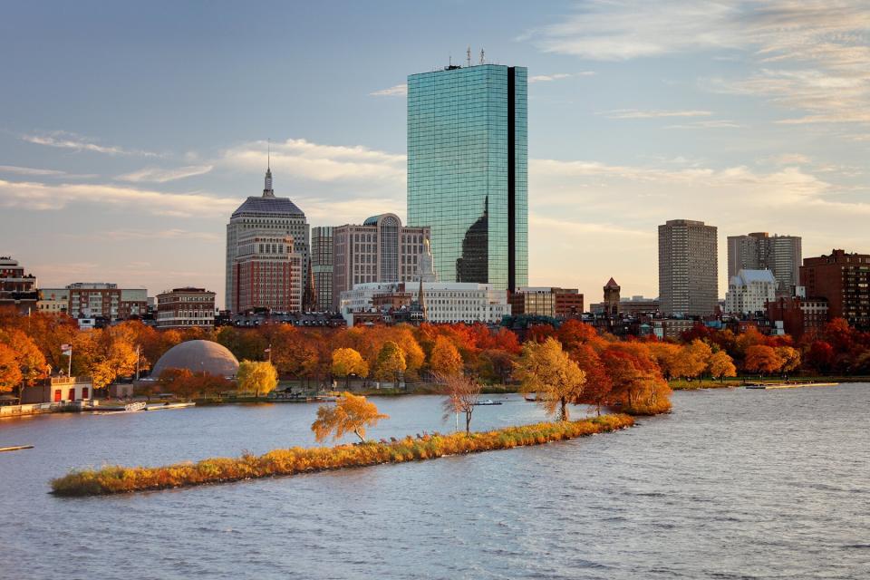 Autumn colors along the Charles River and Boston's Back Bay skyline.