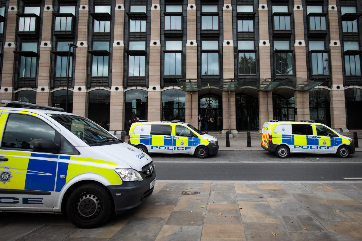 LONDON, ENGLAND - SEPTEMBER 16: Police vans sit parked outside Portcullis House in Westminster on September 16, 2017 in London, England. An 18-year-old man has been arrested in Dover in connection with yesterday's terror attack on Parsons Green station in which 30 people were injured. The UK terror threat level has been raised to 'critical'. (Photo by Jack Taylor/Getty Images)