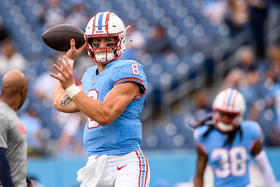 Tennessee Titans quarterback Will Levis (8) during warmup before the game against the Atlanta Falcons at Nissan Stadium.