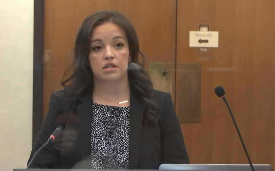 In this image from video, Adrienne Cousins, public defender for Morries Hall, speaks as Hennepin County Judge Peter Cahill hears motions before the court Tuesday, April 6, 2021, in the trial of former Minneapolis police Officer Derek Chauvin at the Hennepin County Courthouse in Minneapolis, Minn. Chauvin is charged in the May 25, 2020 death of George Floyd. (Court TV via AP, Pool)