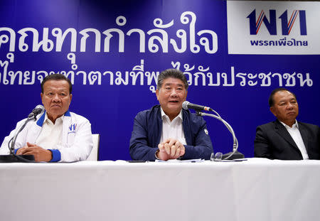 Phumtam Wechayachai, Secretary General of Pheu Thai party, talks during a news conference after the general election in Bangkok, Thailand, March 26, 2019. REUTERS/Soe Zeya Tun
