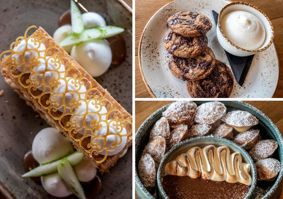 LEFT: Mille-feuille is a puff pastry with cinnamon apple and caramel. TOP RIGHT: Sourdough chocolate chip cookies made from leftover sourdough ends are served with malted vanilla mousse. BOTTOM RIGHT: Banana madeleines served with peanut butter-chocolate ganache and toasted marshmallow fluff.