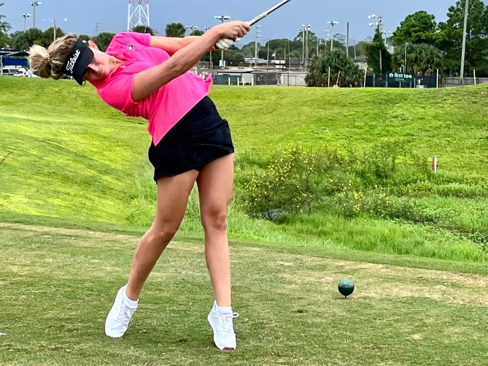 Providence High School's Emma Wells hits her opening tee shot on Saturday in the Jacksonville Beach Varsity Invitational, at the Jacksonville Beach Golf Club.