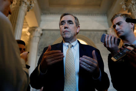 Senator Jeff Merkley (D-OR) speaks to reporters following leaving the Senate floor after delivering a 15 hour speech against Judge Neil Gorsuch on Capitol Hill Washington, D.C., U.S., April 5, 2017. REUTERS/Aaron P. Bernstein