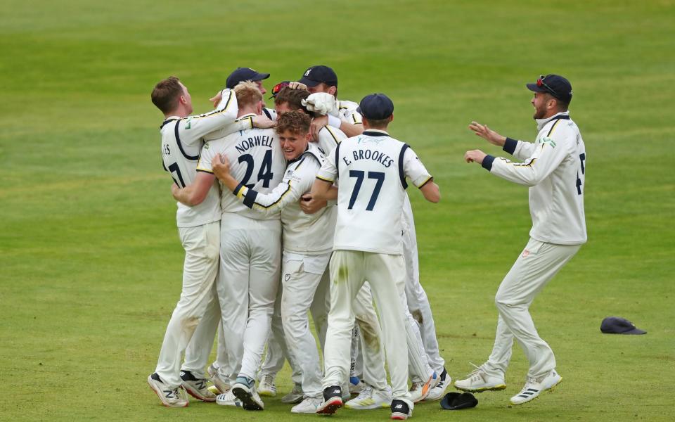 Warwickshire's Liam Norwell celebrates taking the final wicket to win the match. Warwickshire v Hampshire, Day Four of the County Championship Division One game. Edgbaston Stadium, Birmingham, West Midlands. 29.9.22 - Cric Pix / Tony Marsh/Twitter