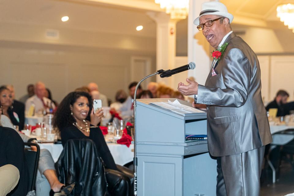 Mickey Gonsalves speaks during the 2022 New Bedford High School Hall of Fame Banquet on May 7.