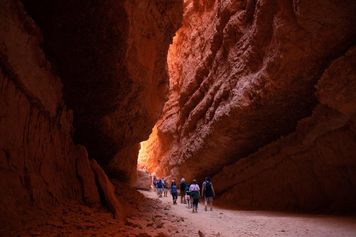 Hikers explore the Wall Street side of Bryce Canyon's Navajo Loop Trail.