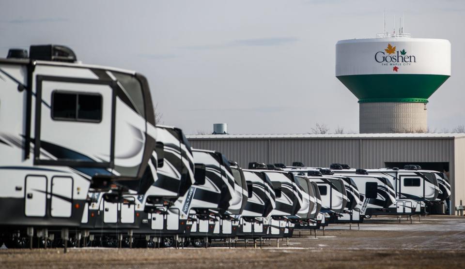 RVs sit ready to haul to various sites Thursday, Jan. 13, 2022, in Goshen, Indiana.