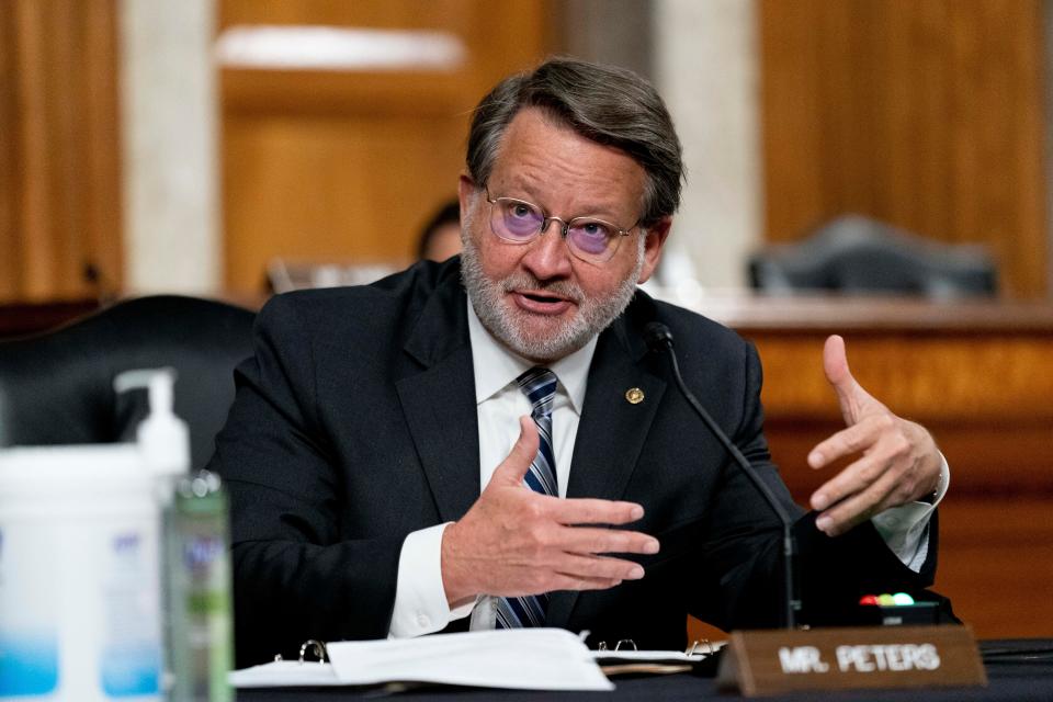 Sen. Gary Peters, D-Mich., speaks at a hearing on Capitol Hill, Thursday, March 25, 2021, in Washington.