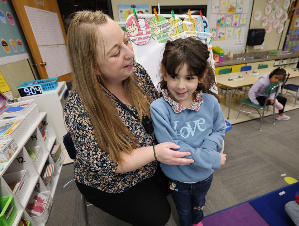 Wasatch Elementary School kindergarten teacher Nicole Blank talks with student Avery Ruiz in class in Salt Lake City on Tuesday, Oct. 10, 2023. The school was designated a Blue Ribbon School by the U.S. Department of Education. | Jeffrey D. Allred, Deseret News