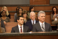 Julie Gonzalo, Linda Gray, Larry Hagman, Jesse Metcalfe and Patrick Duffy in the "Dallas" Season 2 episode, "Trial and Error."