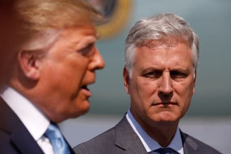 U.S. President Trump faces reporters with new national security adviser O'Brien at Los Angeles International Airport in Los Angeles California