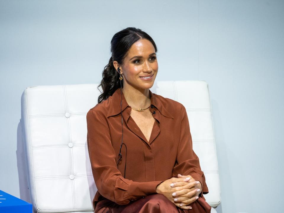 Meghan, Duchess of Sussex, speaks at a forum on digital responsibility at EAN University during a visit to Colombia on August 15, 2024 in Bogota, Colombia. 