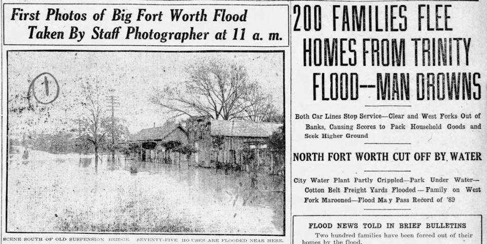 April 17, 1908 front page stories in the Fort Worth Star-Telegram about the worst flood since 1889.