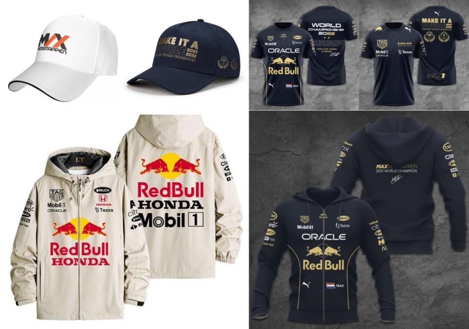 ▲F1世界冠軍Max Verstappen賽車服飾推薦：短袖、帽T、外套、帽子，三連霸冠軍帥氣上身！（圖片來源：Yahoo奇摩拍賣）