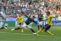 <p>Ludwig Augustinsson scores to give Sweden the lead </p>