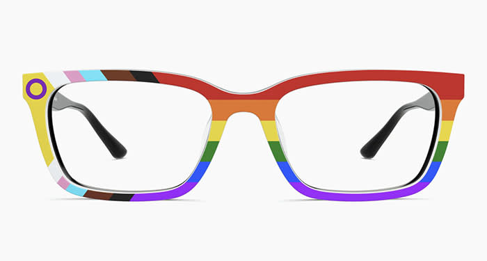 fashion brands donating to lgbtq charities, donations, pride month 2024 collection merch fashion brands, rainbow flag and colors, pair eyewear, customizable glasses