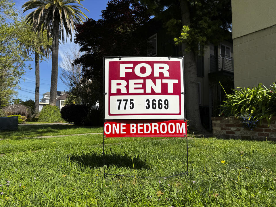 A sign sits outside an apartment building in Alameda, Calif., on April 16, 2024. A bill in California wants to make more rental housing available to tenants with pets. (AP Photo/Terry Chea)