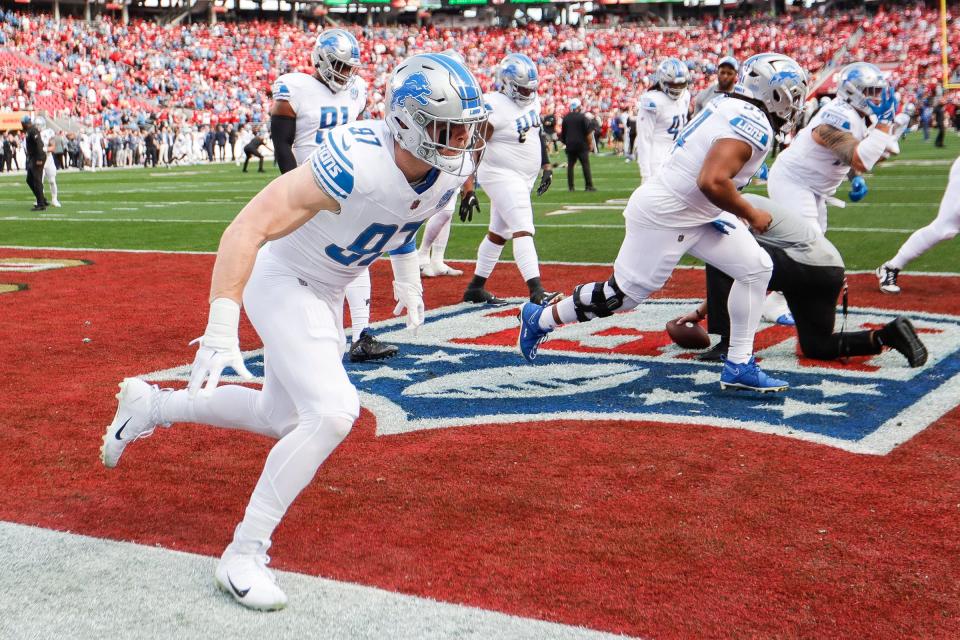 Lions defensive end Aidan Hutchinson during warmups before the NFC championship game at Levi's Stadium in Santa Clara, California, on Sunday, Jan. 28, 2024.