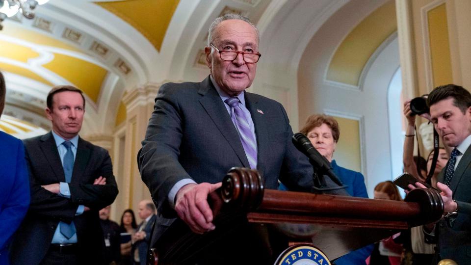 PHOTO: Senate Majority Leader Chuck Schumer speaks during a news conference on border security, following the Senate policy luncheon at the Capitol, in Washington, D.C., on Feb. 6, 2024.  (Jose Luis Magana/AP)