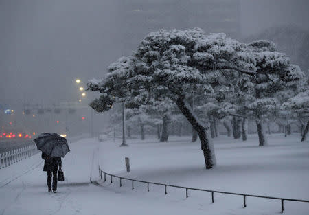A man holding an umbrella makes his way in the heavy snow nearby the Imperial Palace in Tokyo, Japan January 22, 2018. REUTERS/Kim Kyung-Hoon