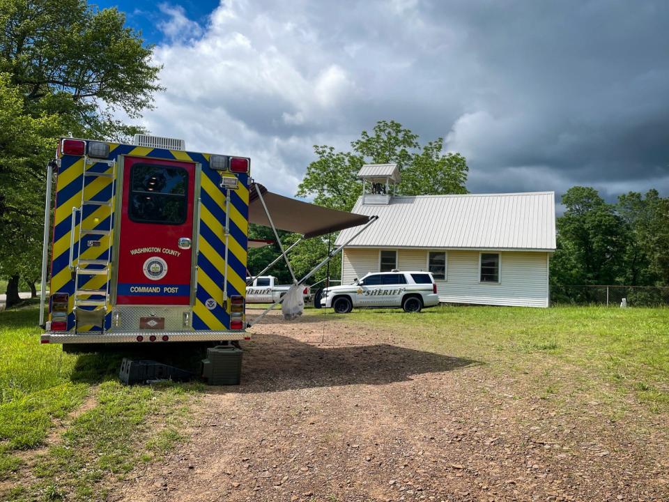 The Washington County Emergency Management team's command post was set up at Oak Grove Cemetery Wednesday May 17, 2023 where a passenger airplane went down in a heavily wooded area.