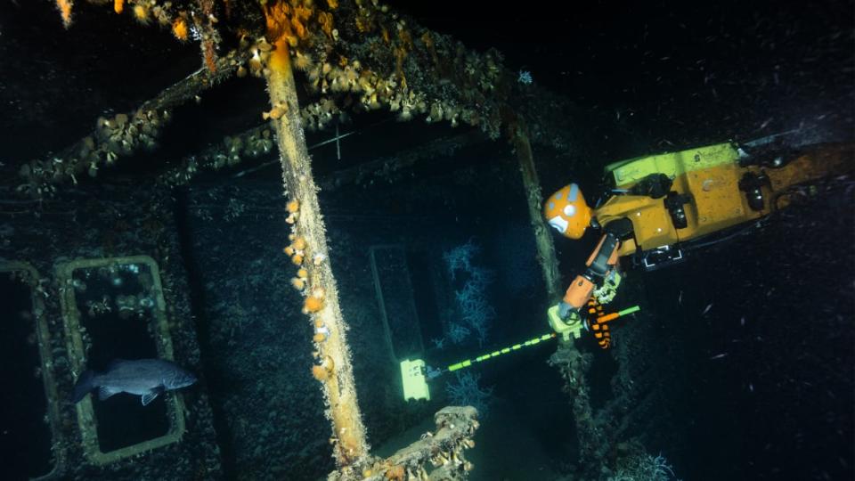 <div class="inline-image__caption"><p>The robot investigating old wreckage at the bottom of the ocean.</p></div> <div class="inline-image__credit">Frederic Osada/DRASSM/Stanford</div>